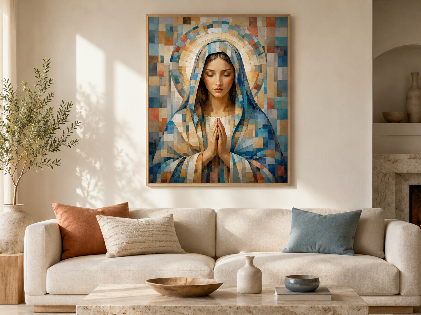 Quadro Decorativo Nossa Senhora Virgem Maria em Mosaico Azul Orando