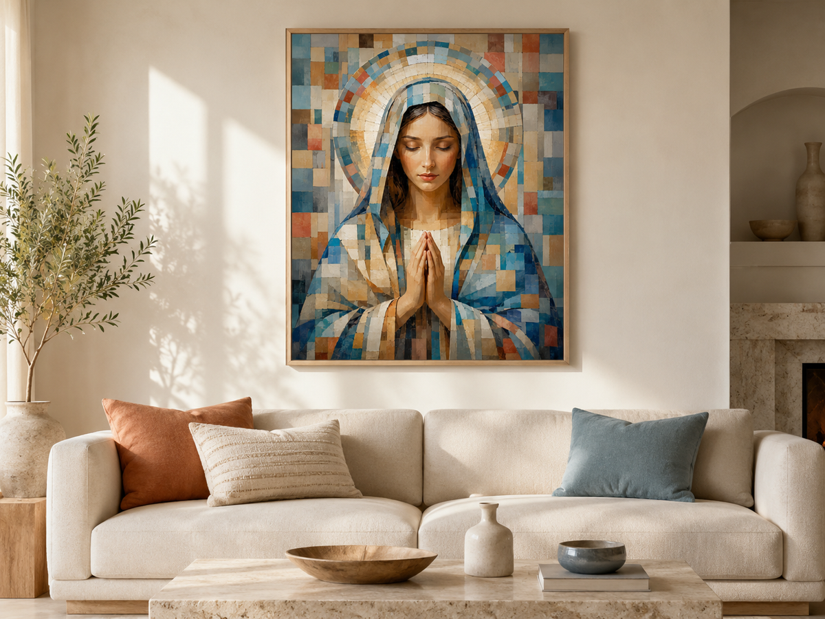 Quadro Decorativo Jesus Bom Pastor à Beira do Rio com Ovelhas