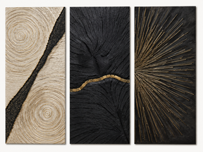 Kit Quadro Decorativo Abstrato Relevo em Madeira e Dourado - Conjunto 3 Peças