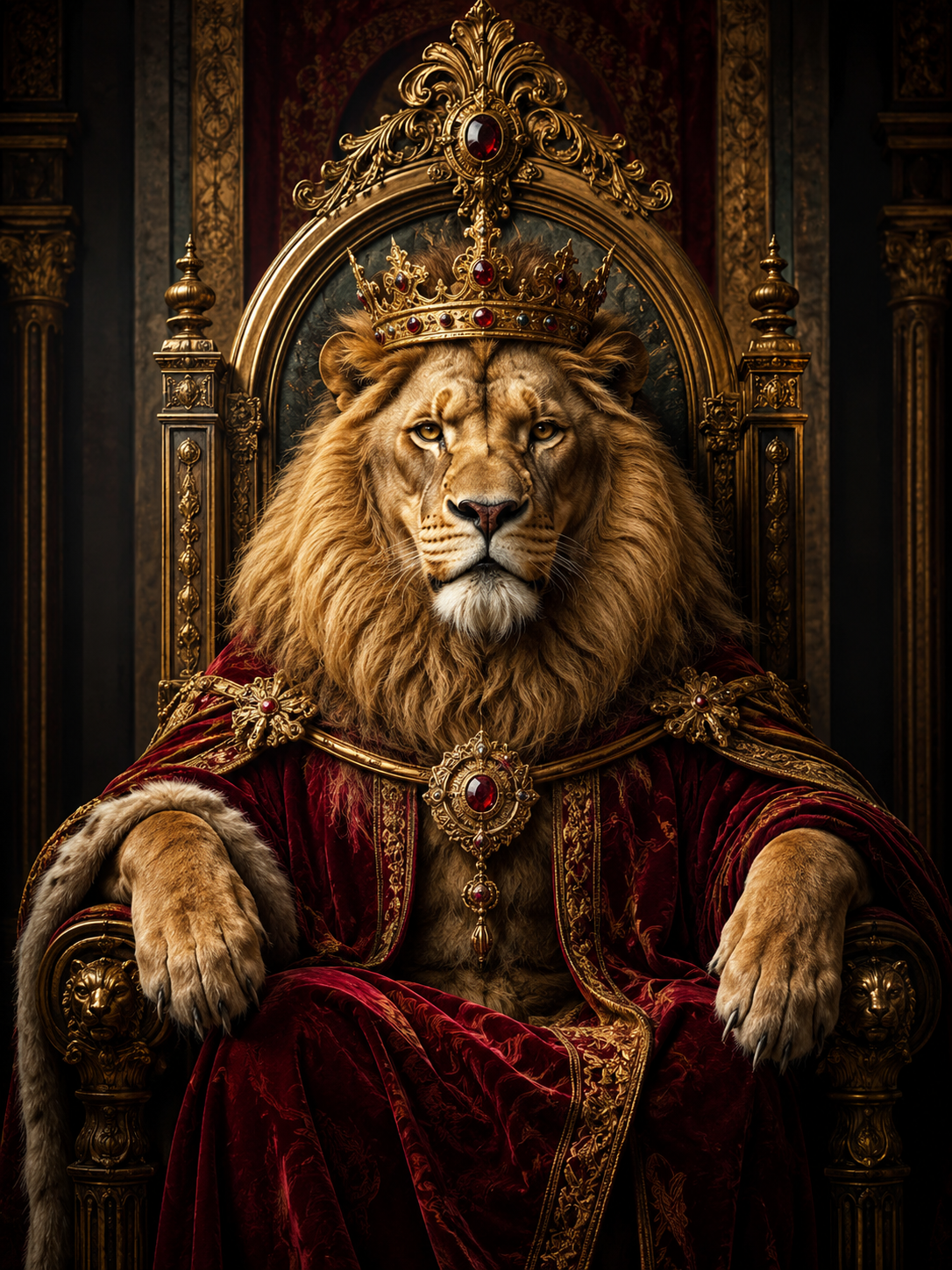 Quadro Decorativo Leão Rei Entronizado com Coroa e Manto Real
