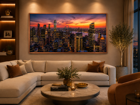Quadro Decorativo Skyline Nova York Vista Aérea ao Pôr-do-Sol em Vermelho