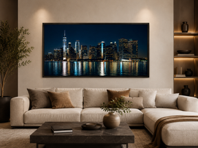 Quadro Decorativo Skyline Nova York ao Pôr-do-Sol com Reflexo no Rio