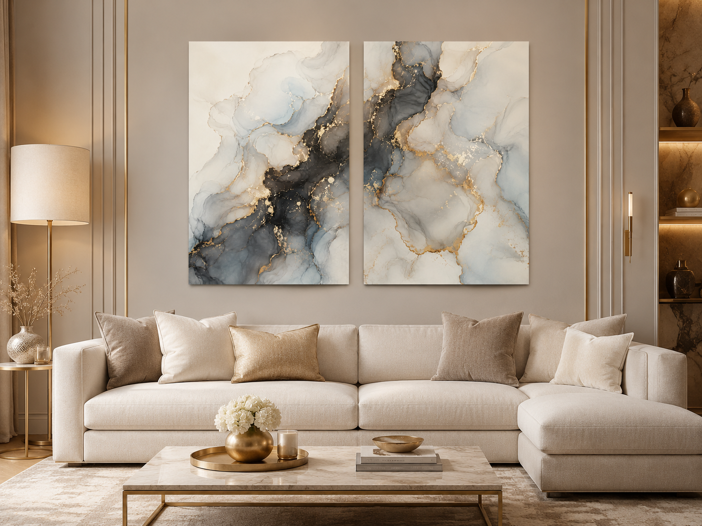 Quadro Decorativo Abstrato Mármore Preto e Dourado Contemporâneo