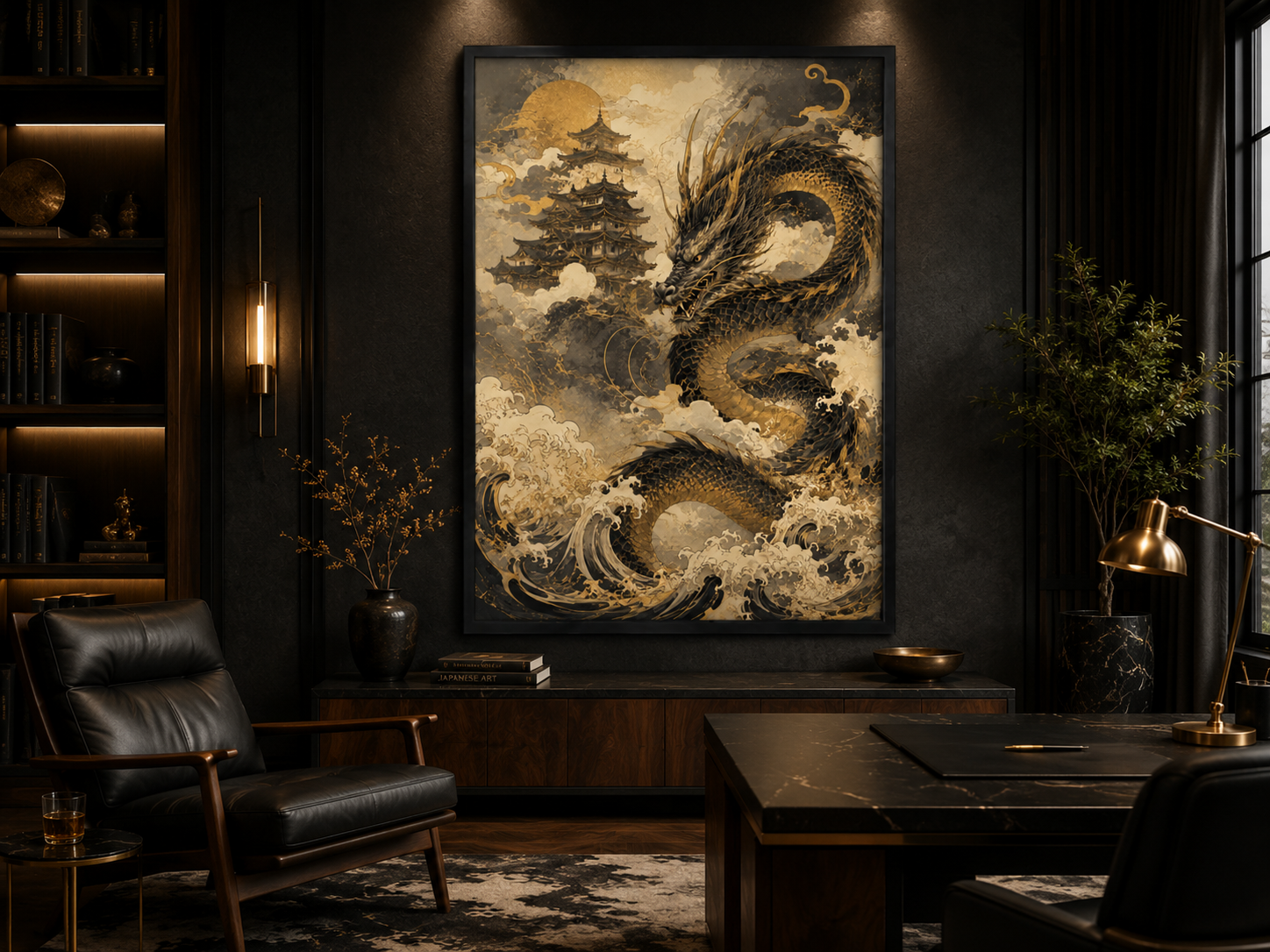Quadro Decorativo Dragão Negro Dourado com Pagoda Flutuante e Lua