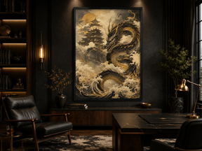 Quadro Decorativo Dragão Negro Dourado com Pagoda Flutuante e Lua