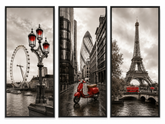 Kit Quadro Decorativo Cidades Europeias - Londres, Paris e Big Ben em Sépia - Conjunto 3 Peças