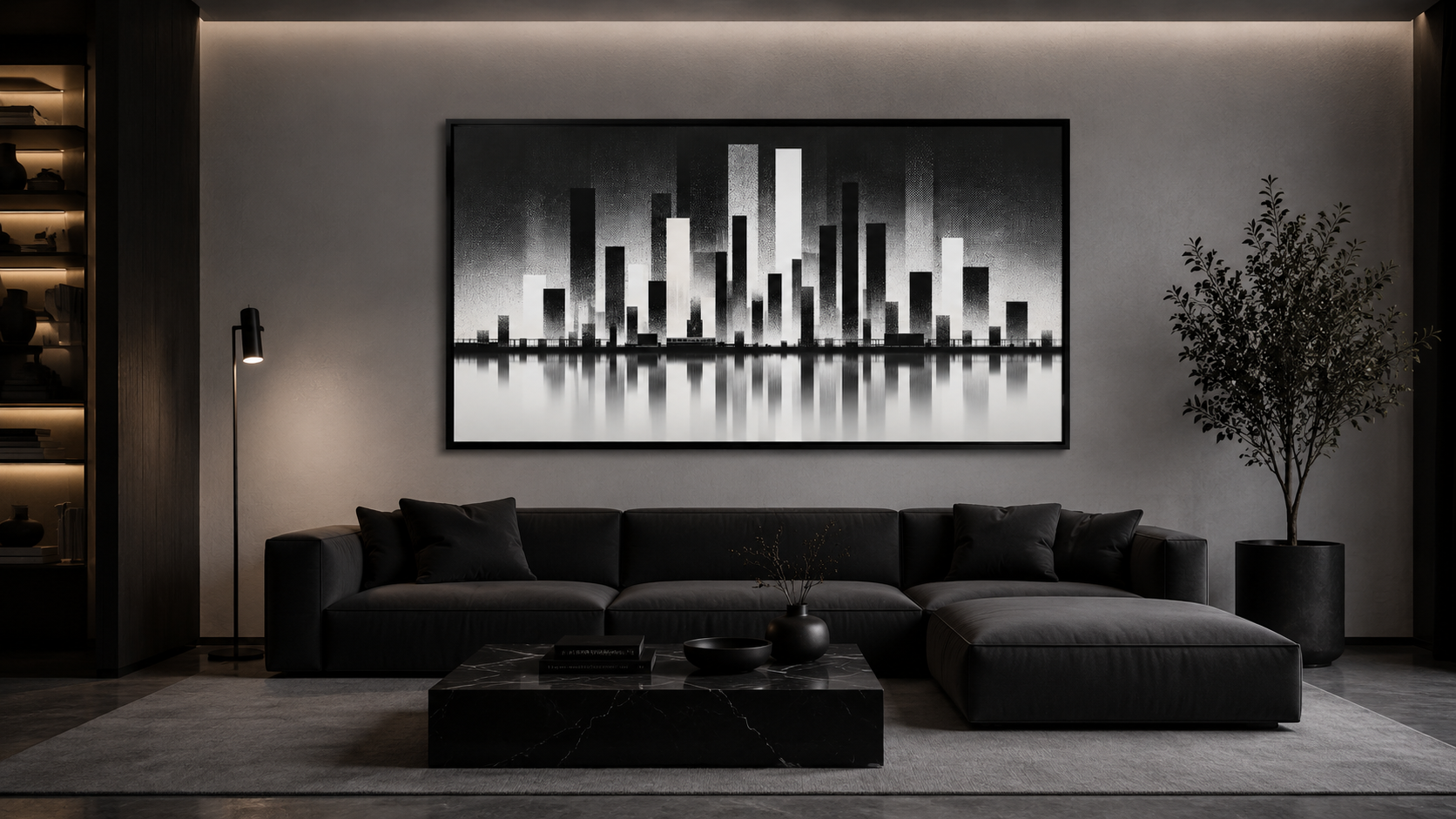 Quadro Decorativo Skyline Abstrata Urbana em Preto e Branco com Reflexo