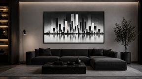 Quadro Decorativo Skyline Abstrata Urbana em Preto e Branco com Reflexo
