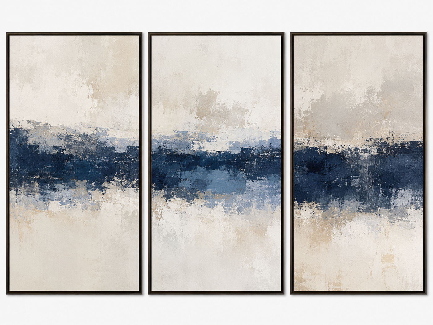 Kit Quadro Decorativo Abstrato Horizonte Marítimo Azul-Marinho e Bege - Conjunto 3 Peças