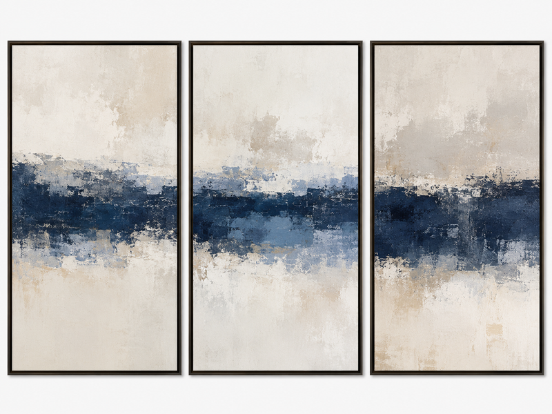 Trio Quadros Decorativos  Abstrato Horizonte Marítimo Azul-Marinho e Bege